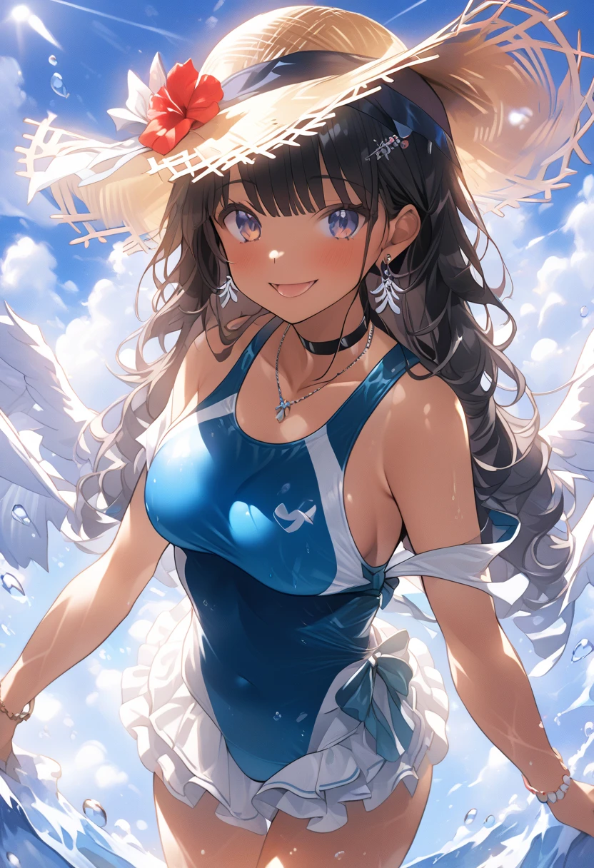 one-girl,cropped shoulders,Huge breasts,Particularly large breasts,Off-the-shoulder attire,,cleavage,Open navel,Upper body photo,Black color hair,upon the clouds,white clothes,比基尼,swim wears,sandbeach,the sea,Close-up shot