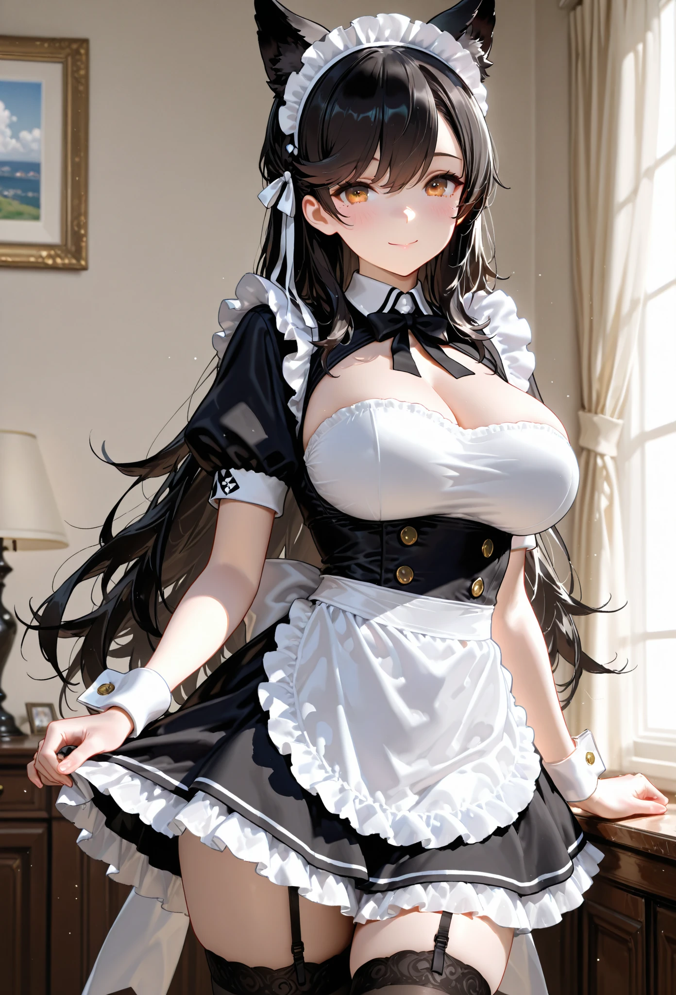 Italian girl 25 years old, very long black hair, with a super immense chest, dressed as a waitress, the dress for her breasts