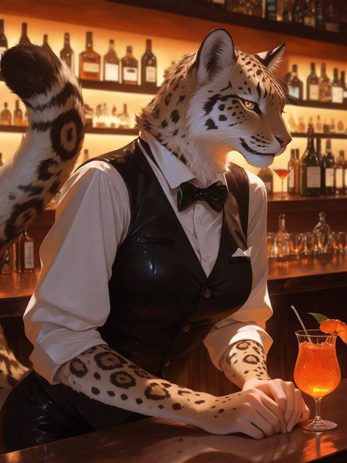 top quality, best quality, High-quality illustrations, masterpiece, super high resolution, detailed background, female leopard bartender, (kemono, furry anthro), medium breasts, sitting on the bar, white open button shirt, red bow tie, white cotton panties, bar, spread open legs, cocktail, absurdres(highly detailed beautiful face and eyes)perfect anatomy, expression, good lighting, cinematic shadow, assorted happy poses, dynamic angle,