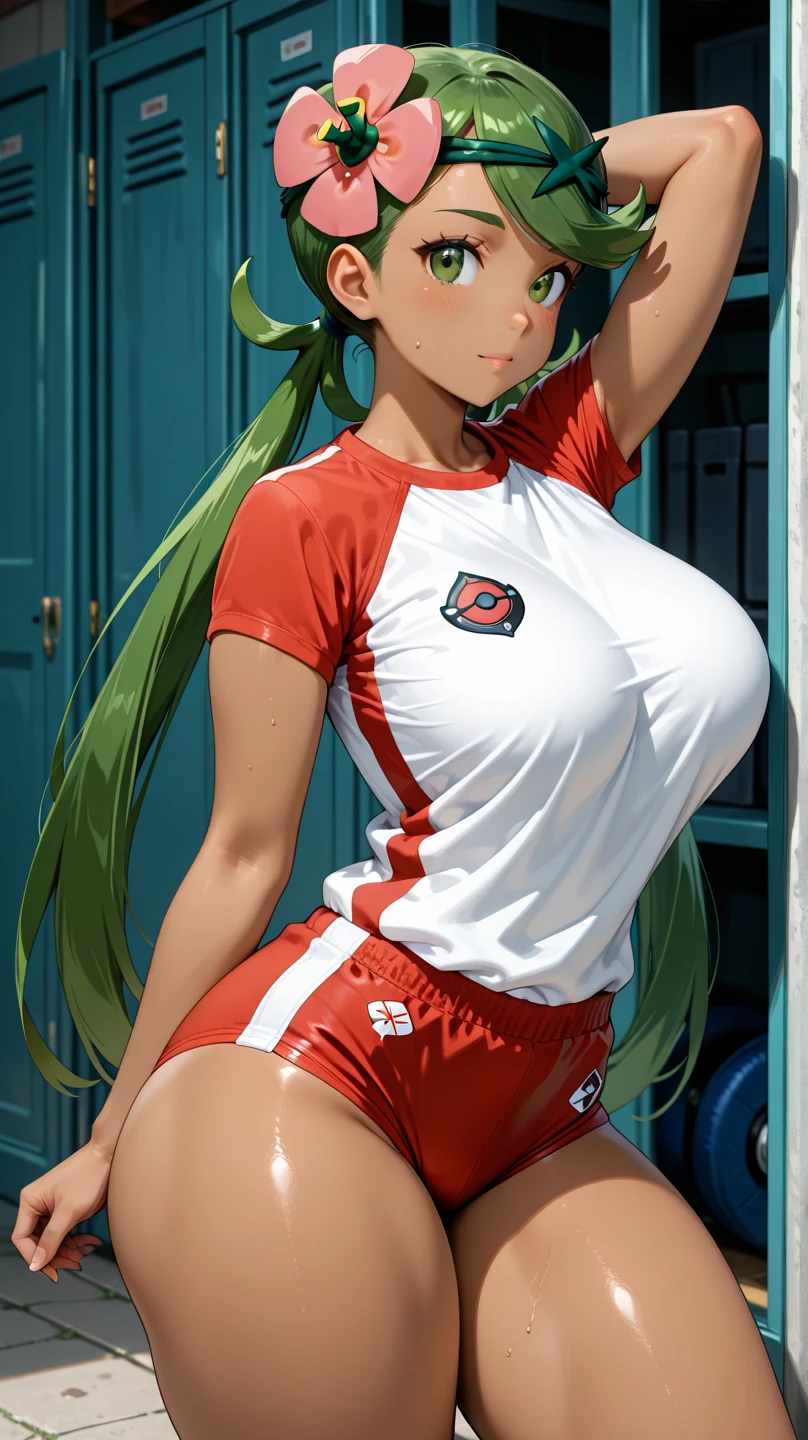 ((highest quality,4K,8K,High resolution,masterpiece:1.2,super detailed,realistic,photorealistic,photo-realistic:1.37)),((A female devil wearing a jersey over a micro bikini)),perfect face,((huge tit)),(full body),((Wet skin)),(Green hair,short cut,horn),(flushed face,Flushed body),(smile,extacy),(from front), look at viewer,full body,friend's room,(((Sportswear,Jersey,Tracksuit,))),Illuminate the front