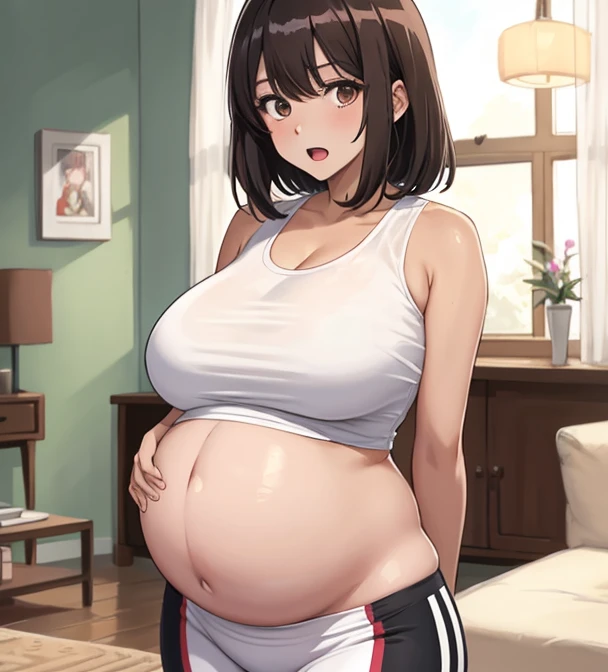 nanao yukiji style, greyscale, manga, milf, 1girl, solo, shy, blush, looking away, black hair, short hair, tomboy, huge breasts, wide hips, pregnant, racing swimsuit, holding whistle, holding own belly, indoors, school pool in background, low angle, belly focus