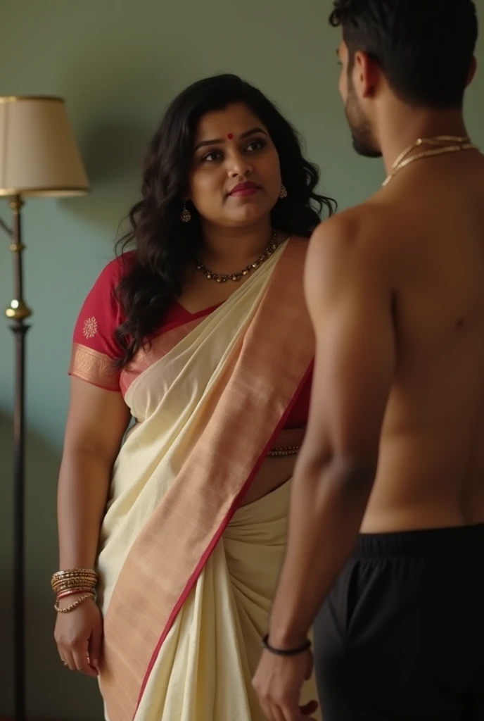 a 20-year-old shirtless man affectionately hugging and kissing aradiant, full-figured South Indian plus-sized 30 year old teacher wearing a cream silky saree in dressing room, captured in a full-body image with vibrant hues and meticulous details. Full body image