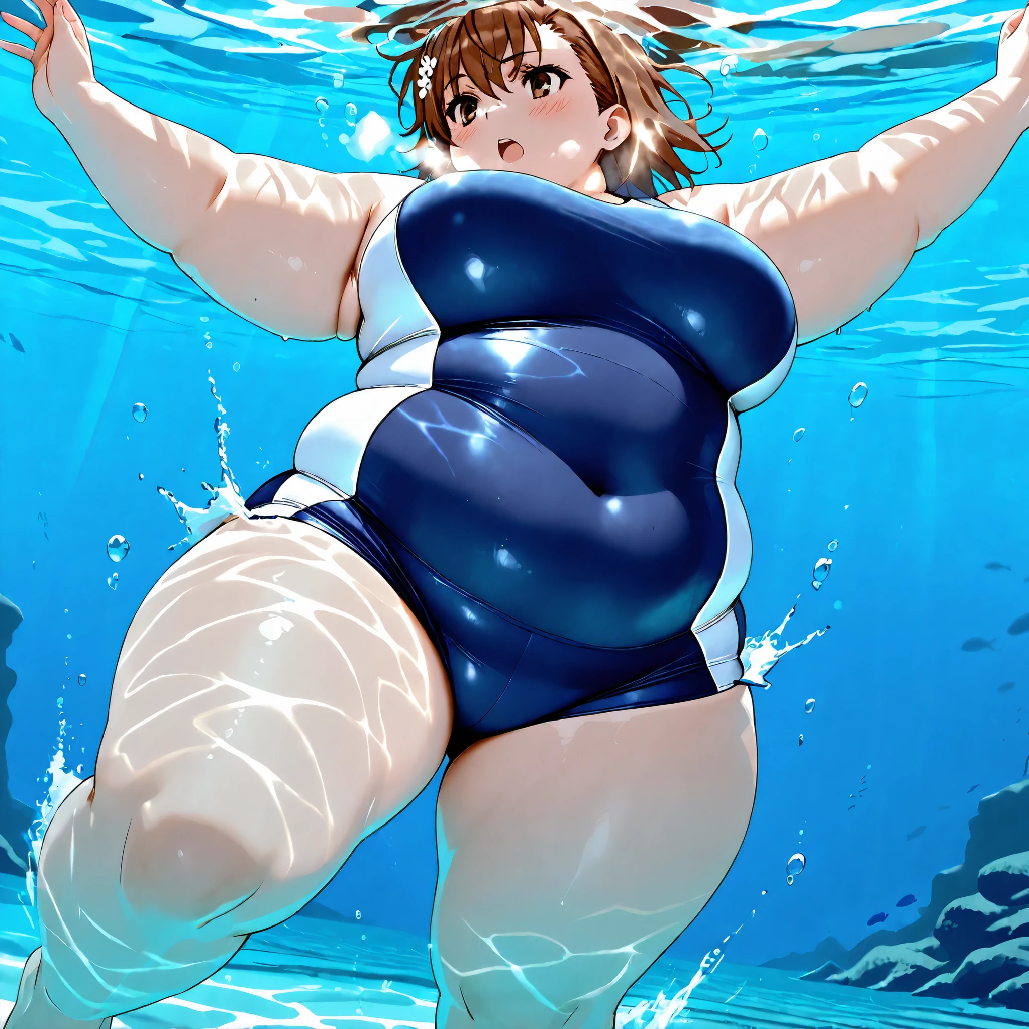 (Jump into the water:1.5), underwater,(Misaka Mikoto), masterpiece, highest quality, UHD, retina, masterpiece, accurate anatomy, super detailed, high quality, best quality, 8k, (One-piece Sports Swimsuit Sporty Boyshorts), fat, chubby, obese, gigantic arms and legs, large breasts open mouth, out of breath
