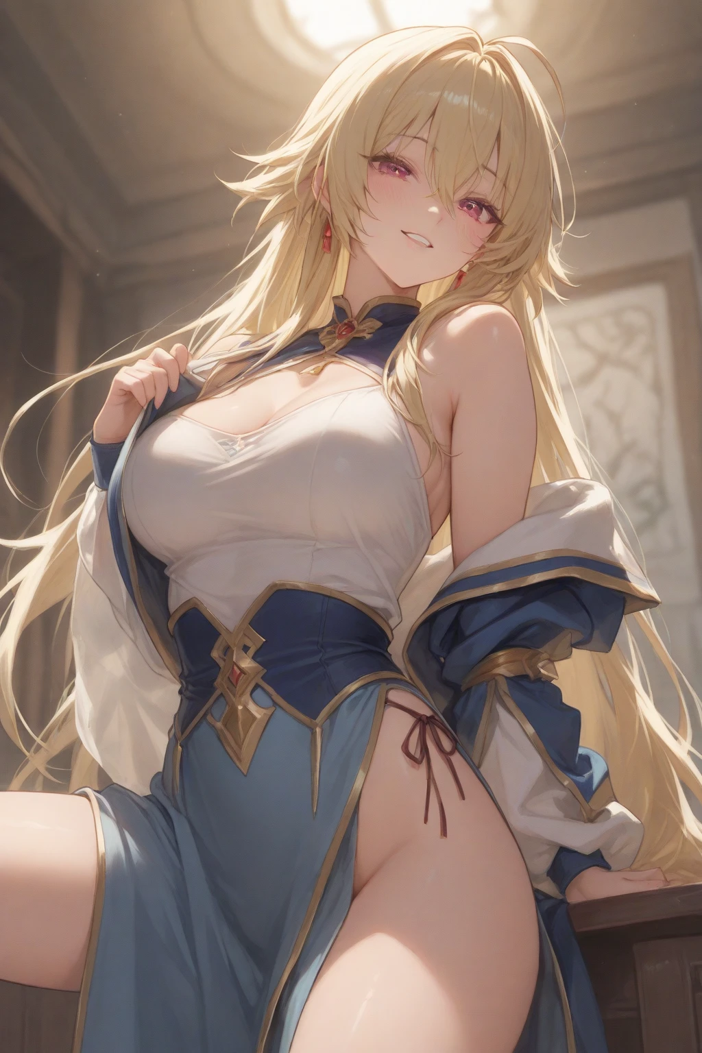 (masterpiece:1.2), (highest quality:1.2), detailed face、perfect body、unparalleled beauty、Curvy but slender body, perfect eyes, perfect face, perfect lighting, 1 girl, Detailed castle background、long hair, curly hair, fine clothes, Bright and beautiful face、young shiny glossy white shiny skin、the best beauty、the most beautiful bright blonde hair in the world、thin hair、super long straight hair、Shining beautiful bangs、Shining crystal clear big blue eyes、Very beautiful lovely 17 year old most beautiful girl in the world、big and full breasts、tits、nipple、a sexually excited look、(sexy dress with elaborate decoration)、spread your legs wide、((She lifts her skirt to show her pussy、I'm seducing you、I'm inviting you to have sex))