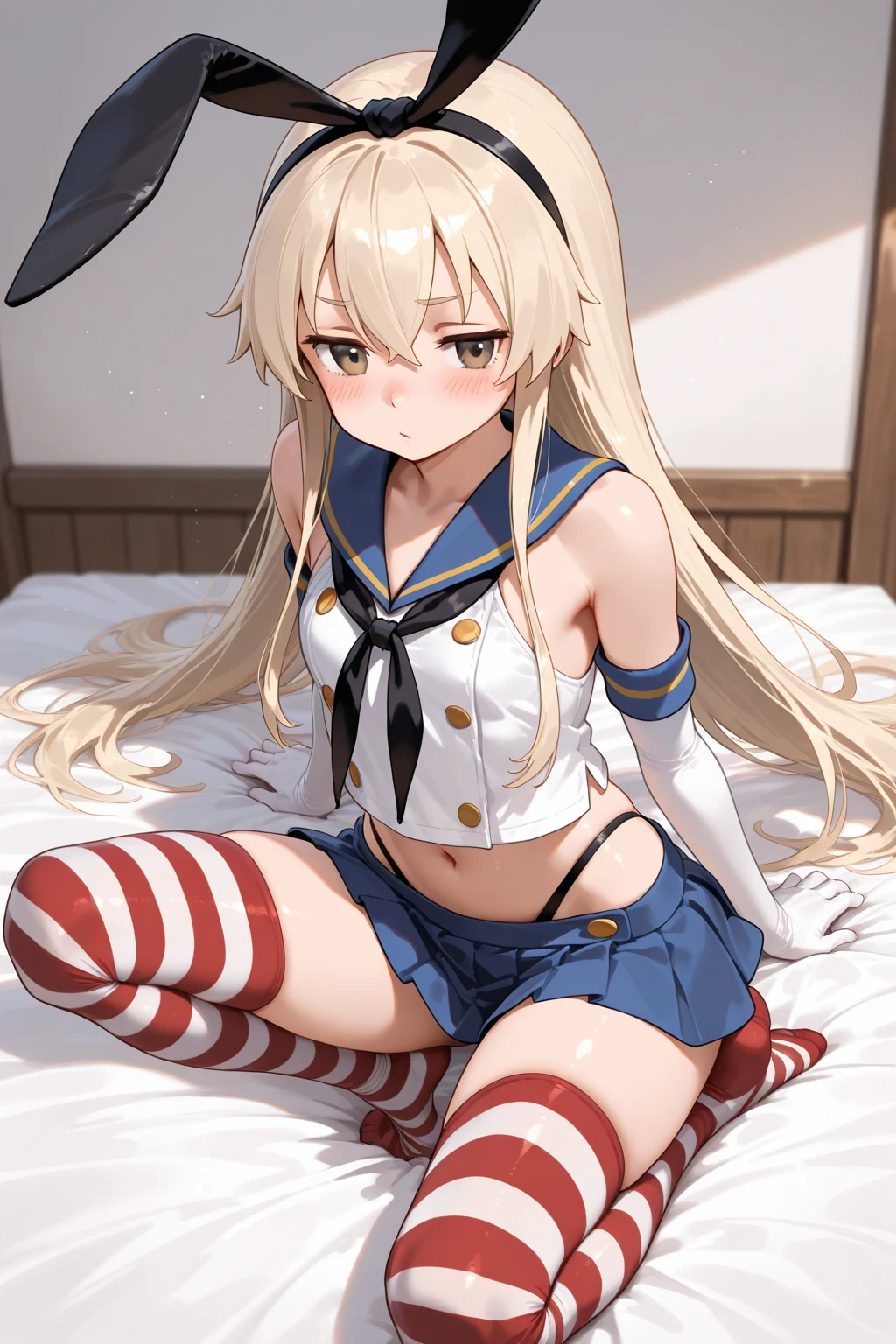 {Safety:1.10}, highest quality, masterpiece, High resolution, alone, {shimakaze_Fleet Collection:0.90}, ((whole body、On the bed、Spread your legs))