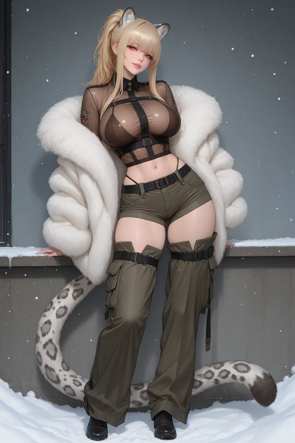 Top quality masterpiece, 1 girl, erotic beautiful woman with curvaceous body, blonde hair, pigtails, wide waist, curvy accented buttocks, detailed dark blue sparkling eyes with long eyelashes, thick thighs, strong calves, BREAK, standing on the forest ((bend over body)), wearing atsuko kudo latex suit ((white polar bear fur skin color)), Shiny, futuristic shiny latex suit (white polar bear fur color)), full body latex outfit, deep cleavage, BREAK In the forest, photorealistic view, Masterpiece, bokeh, daylight scene, atmosphere, Full body shot, standing, hands on hair, ((long tiger fluffy tail, ))
