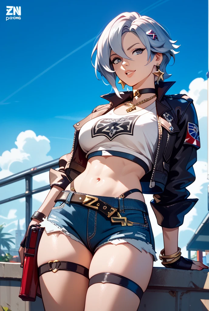upper body, 1girl, (AngelMs:1.4), large breasts, panties, midriff, facing side, looking at viewer, (cleavage), cropped jacket