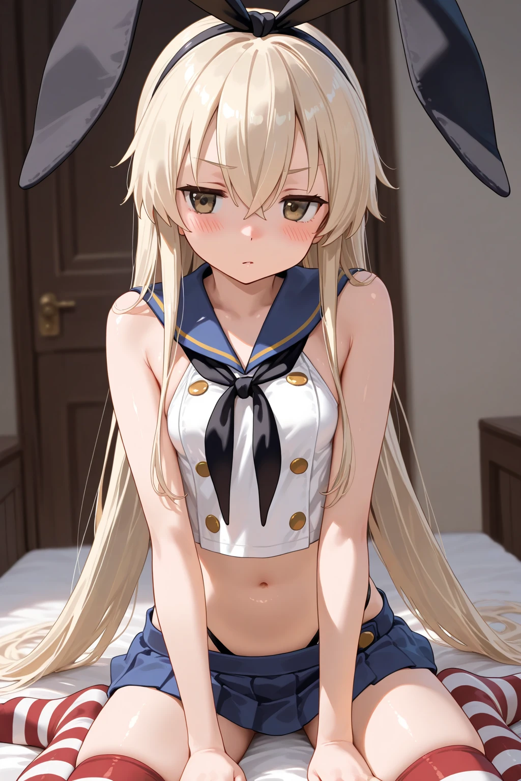 {Safety:1.10}, highest quality, masterpiece, High resolution, alone, {shimakaze_Fleet Collection:0.90}, Portraiture, ((Embarrassed expression、whole body、On the bed、Spread your legs))