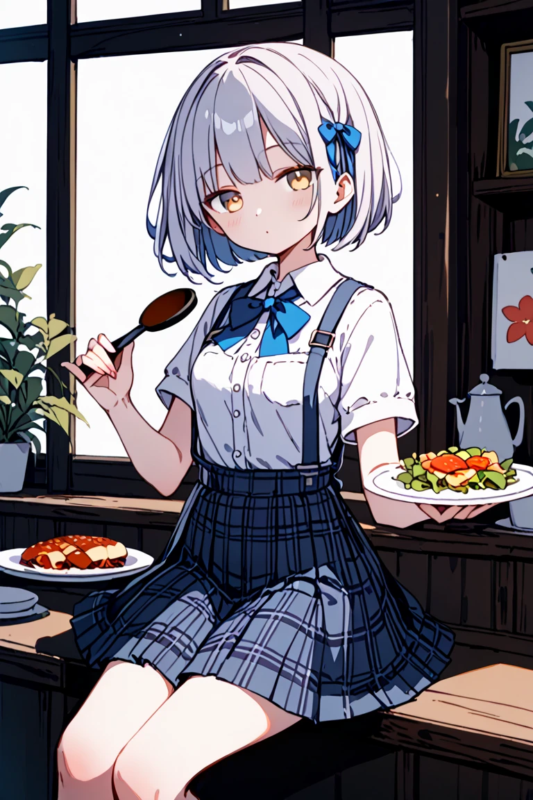 masterpiece, High resolution, 最high quality, High detail, high quality, Very detailed, Anatomically correct, 17 years old, Anime Style, Bob Hair, Silver Hair, Shiny Hair, bang between eyes, Sparkling eyes, Silver Eyes, Eyes closed, Mouth open, Deformed cheek blush, happiness/joy, Blur, Lunch break, In a well-lit classroom, Desk and chair, Sitting in a chair, There is a small lunch box on the desk., The lunch box contains rice, three small sausages, and one rolled egg., There is a small water bottle on the desk., Holding chopsticks in your right hand, Holding a single sausage between chopsticks, Trying to eat a wiener held between chopsticks
