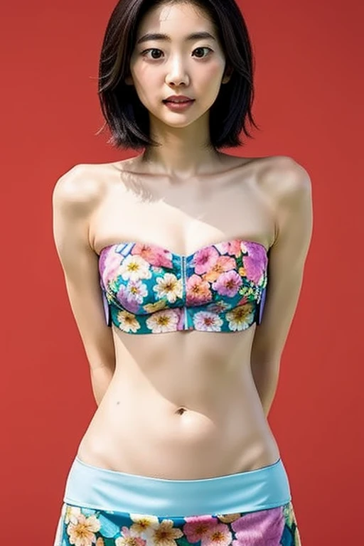 Side view、((Navy blue printed micro bikini))、thin、(((masterpiece, Highest quality)), 1 girl, (Realistic: 1.4), alone, Naval background, Black Hair, ((Blunt bangs))、princess_cut、short hair,smile、 ((whole body)),  Very beautiful woman、Slender women、(Detailed face)、Realistic Skin、((Delicate photo))，(少女masterpieceRAW写真詳細:1.25), (Highest quality:1.6), (Ultra-high resolution:1.5), (Realistic:1.75),8k resolution, ,50mm,Absurd, Very detailed,Cinema Lighting、((((Lots of flowers))))、(((Lots of flower art)))、artwork、art、
