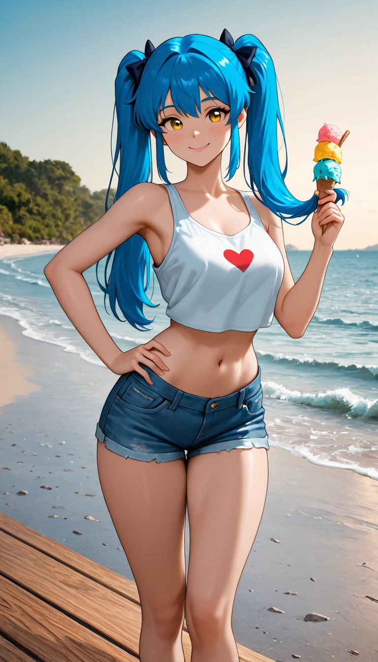 Anime style, source_anime, ((small round breasts)), (1 Girl), ((blue hair, medium and wavy hair)), pink eyes, double eyelids, light effect in the eyes, wide hips, naughty smile, ((hourglass hot perfect sexy body)), solo, best quality, masterpiece, portrait, flirting with viewer, sensual pose, detailed, perfect anatomy, detailed art, high definition, 4k , high resolution, in pool, ((crop top open underboob)), ((mini-shorts:1.24)), ((cum in face)), ((Ahegao face)),