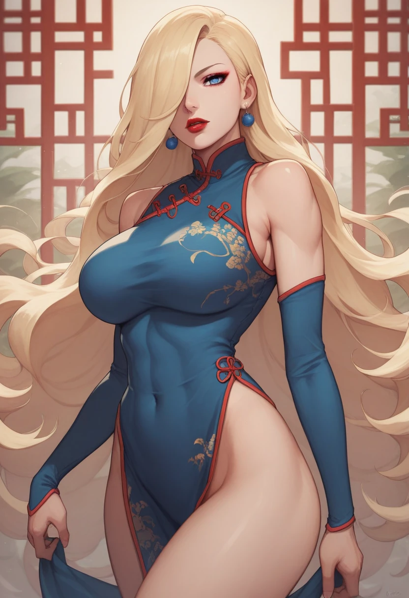 (masterpiece, best quality) detailed, Wearing black tights,  Blonde ,elegant, (Fox ears)，Red Eyeshadow, ，Chinese element pattern，thigh，漏出thigh，Large Breasts，Deep V one-piece swimsuit