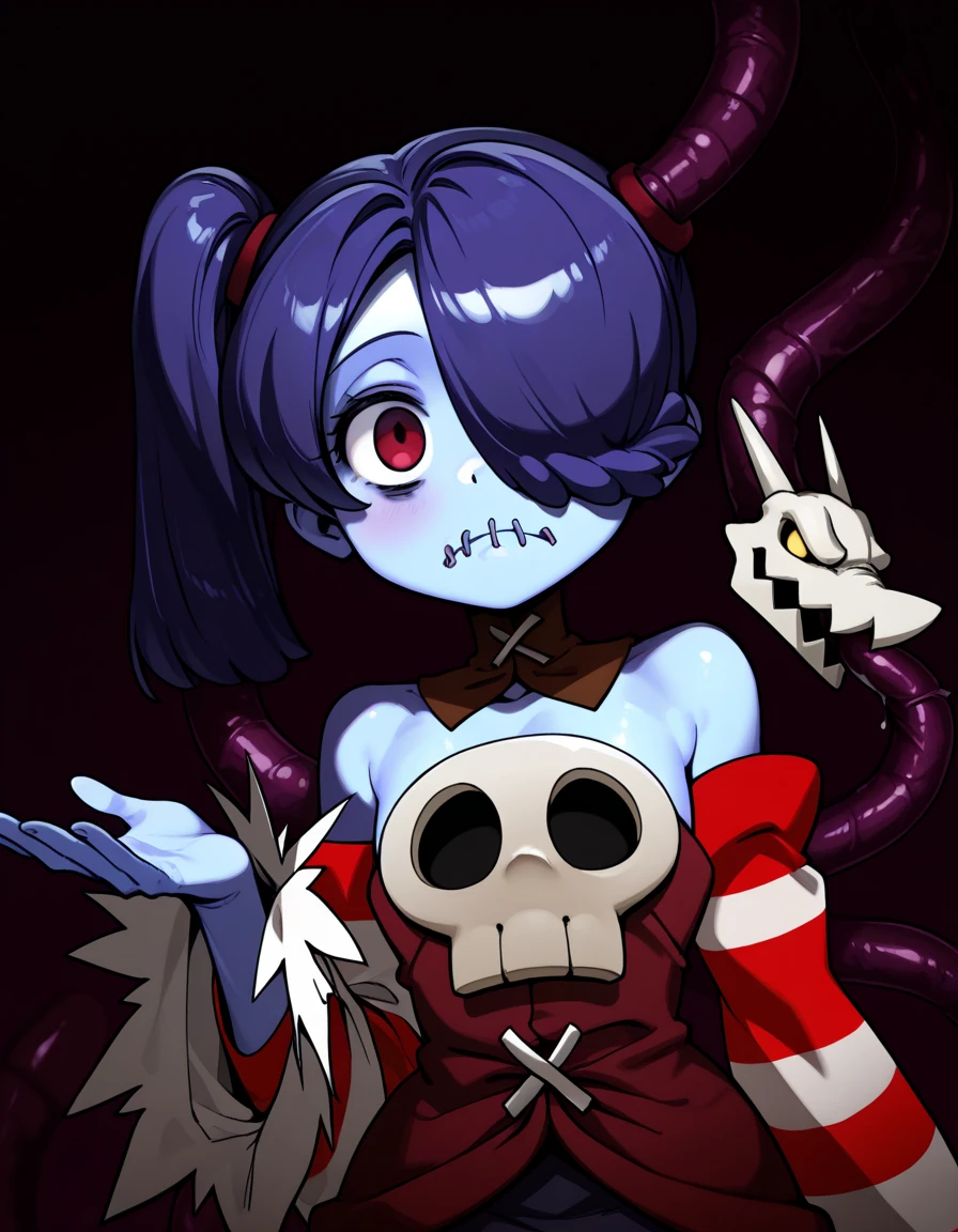 wavy, 1 loli, solo, small breasts, looking at viewer, bare shoulders, open sleeves, hair over one eye, red eyes, side ponytail, a ponytail, loose collar, skull, ((blue skin)), stitches, zombie, striped sleeves, stitched mouth, extremely detailed, highly detailed, perfect face, beauty, perfect eyes ((skeletal arm, vivid tails, big butt, big lips)), baggy eyes, makeup, big eyelashes, cute, adorable , serious, ((leviathan: 1.3)), full body, in lingerie, ecchi anime style, full body art, ecchi style, anime character, kneeling
