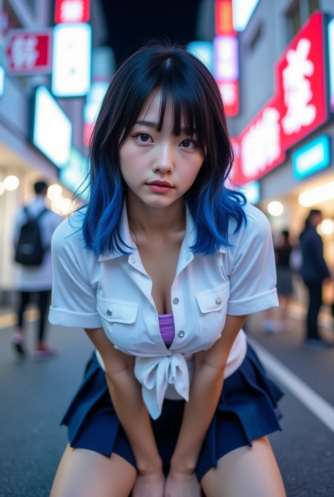 (blue hair:1.4), short hair, realistic green eyes, cobalt hair, long bob hair, tousled hair, shoulder length hair, Full body, woman with white skin and Asian features, 24 year old, big breast. She has a small, elegant nose with a slight upward curve at the tip. Her lips are full and naturally pink, with a well-defined Cupid's bow. Her teeth are straight and white, enhancing her captivating smile. Her face has an oval shape with high cheekbones that add to her model-like appearance. highly detailed glowing eyes, specular light, extreme quality, crystal clear, cute face, detailed skin pores, oil Dark skin, brown, complex eye details, 8K, (((of the highest quality: 1.4))),(unparalleled masterpiece ever), (Ultra high definition),(Ultra-realistic 8K CG), offcial art、 (((adult body, cleavage showing))), (((1girl in))), Punk girl with a perfect body, school girl uniform, (school girl skirt:1.3) and backpack with lots of straps buckles and zippers,Beautiful and well-groomed face,Fancy makeup, (Detailed punk fashion1.3),school girl uniform and school girl skirt, (Image from head to thigh), (Harajuku-inspired hooded jacket1.3), Simon Bisley's urban savage style,Detailed street background of school classroom,Clean abs, Complex graphics, piercings, (short hair:1.2), (short hair:1.3), (short hair:1)