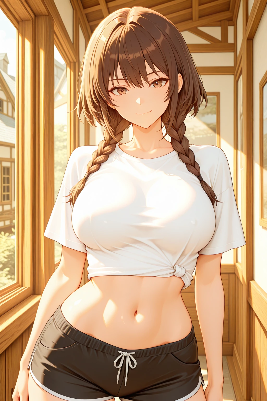 attractive korean woman, ripped muscle, muscular body, small breast, pale skin, smile(blush), nude, skirt, cross necklace, sixpack abs, [ultra detailed skin:1.2], brown hair, long wavy hair, 8k uhd, pussy, full body, crowd, public, snow, standing,
