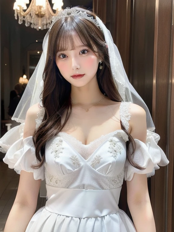 最high quality, (masterpiece:1.2), Very detailed, Are standing, School, indoor, Cat ear, One girl, alone, tojou koneko, Looking at the audience, Mouth closed, smile, From above, Yellow Eyes, Gray Hair, short hair , hair ornaments, gloves, dress, Cleavage, Bare shoulders, clavicle, elbow gloves, white gloves, white dress, Strapless, tiara, Veil, Strapless dress, wedding dress, bridal Veil, Beautiful woman, Perfect body, Perfect breasts, wearing a dress bride, Night dress, wood々lush garden, Wedding decorations, View your viewers, smile, realism, masterpiece, Textured Leather, Super detailed, High detail, high quality, 最high quality, 1080P, 16K