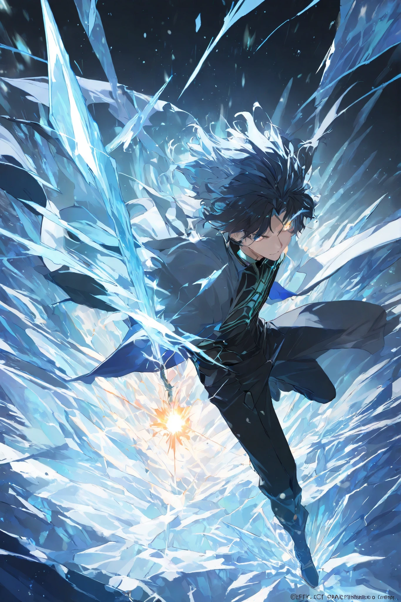 masterpiece, best quality,1 boy,best quality,heroic pose,dynamic angle,dynamic background,with epic light effect, high angle shot,like CCTV footage,ice burst of effects radiating from the center, outward flow of magic or particles, dynamic spread from core, effect visual explosion of ice, effect ice waves expanding from a central point, face clearly visible, character illuminated from within,ice magic sword