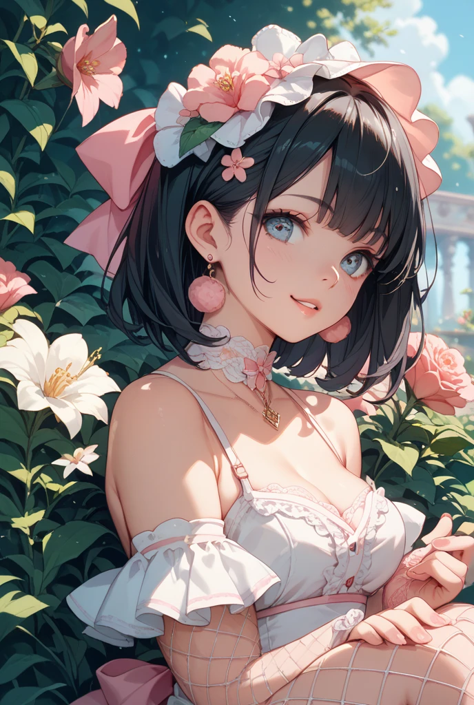 UHD,super detail, best quality,Cute and beautiful anthropomorphic koala girl with brown curly bob hair wearing a heart shaped choker in a beautiful flower field