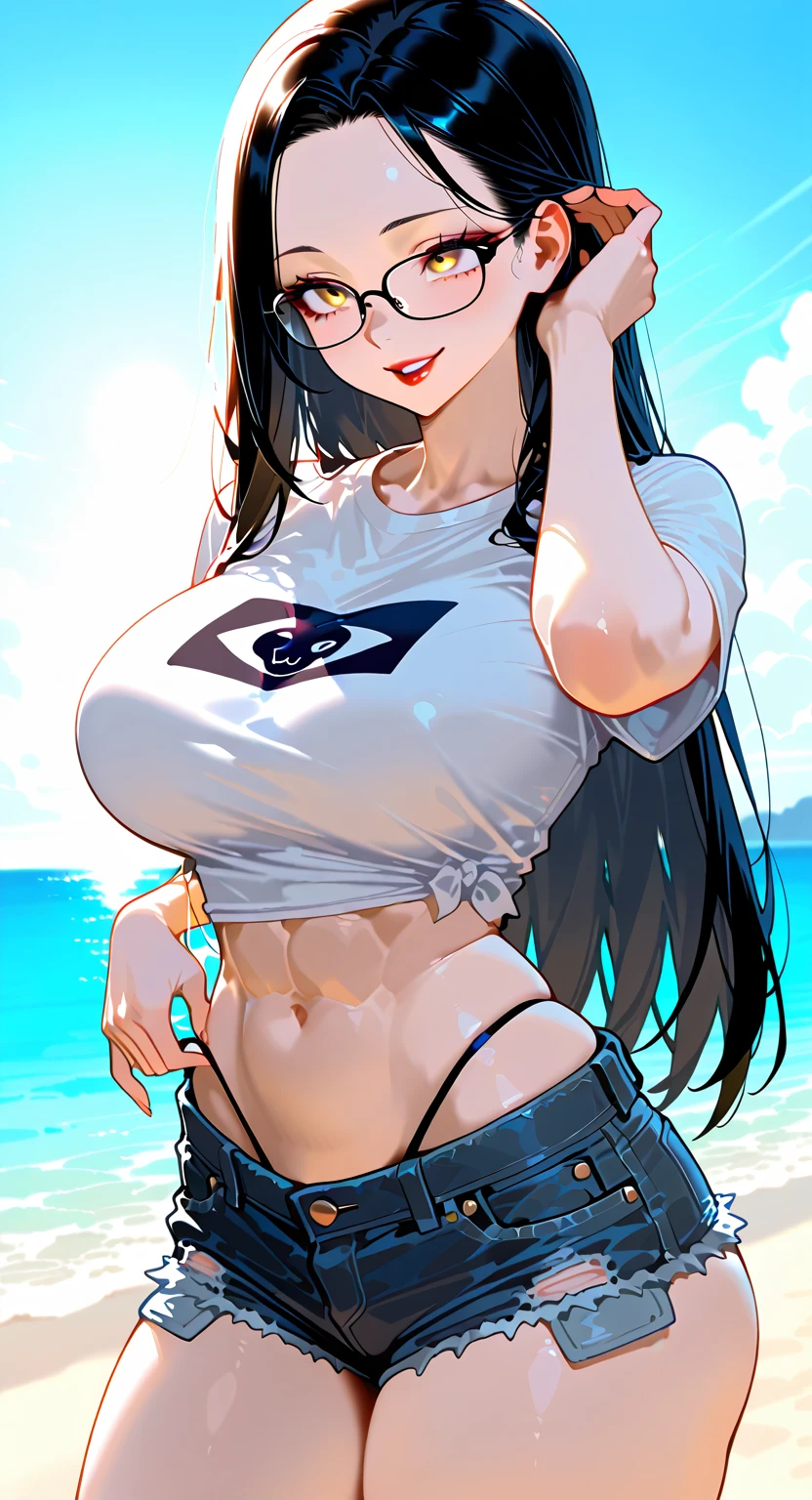1girl, kiryuin, (black hair :1.3), hair between eyes, black hair, sideburns, gray eyes, lips, cleavage, big breasts, solo, lips, masterpiece, best quality, bare breasts, naked breasts, gigantic breasts, bimbo, ass, full body, blacked, blacked underwear, wide hips, killa la kill, kiryuin satsuki