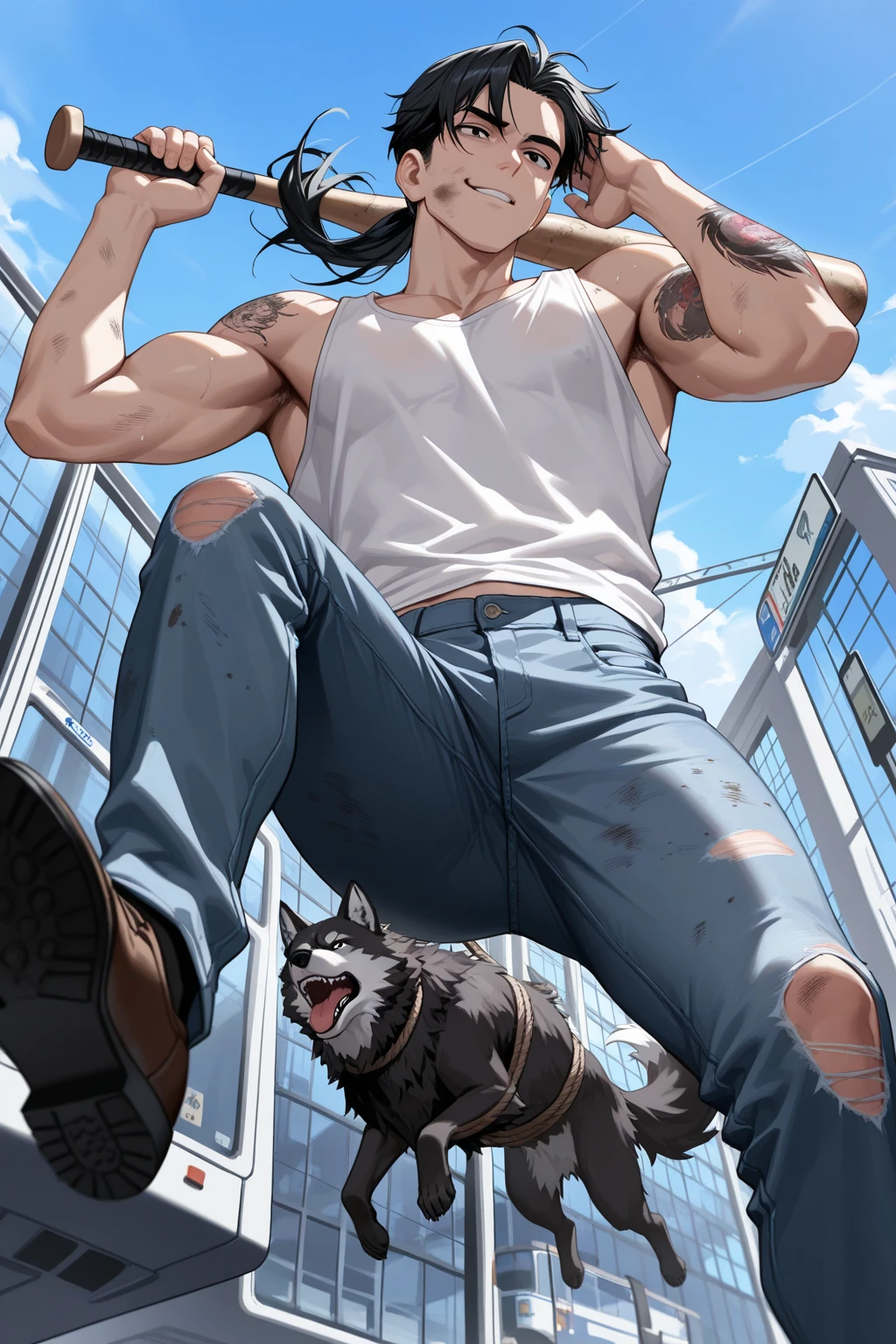 ((big v-line, cum gutters, iliac furrows,)) skateboarder punk military boy ((wearing big boots)), close-up of abs, viewed from below, glitter, sparkle, spacey, highly detailed face, showing off, leaning back, flexing bicep, sweating, masculine with short beard, body hair, finely detailed face, ((dark tanned skin)), bulge, black clothes, short light blue hair, ((has wolf ears)), ((has wolf tail)), sparkly dramatic lighting, v-rays, glass environment, wearing ripped pants that sit low on his hips, ((he is solo, he is alone)), has ((bright blue shining tattoos)), wearing bandana and leather wrist bands, wearing fingerless gloves, muscular thighs, shirtless