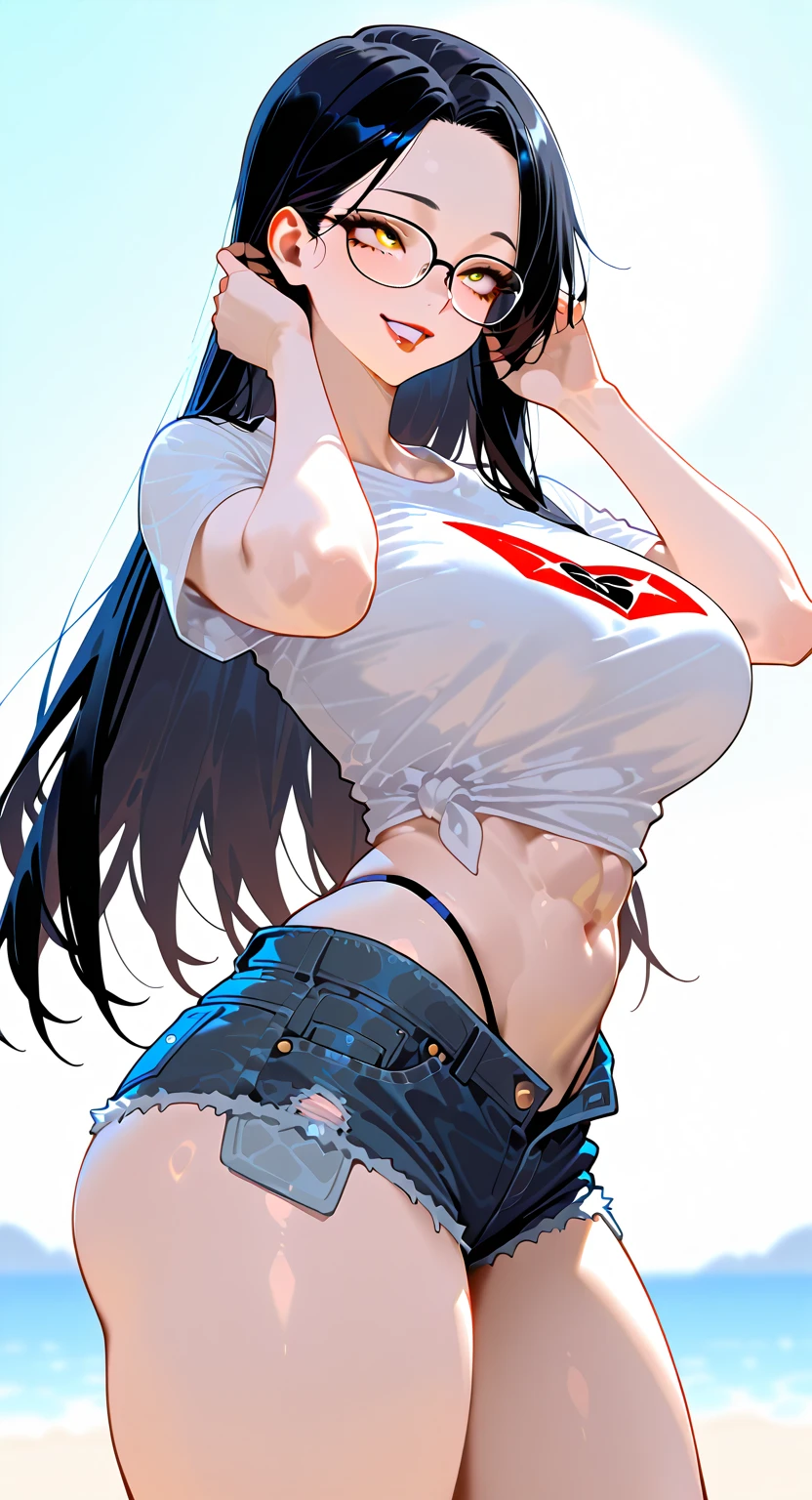 1girl, kiryuin, (black hair :1.3), hair between eyes, black hair, sideburns, gray eyes, lips, cleavage, big breasts, solo, lips, masterpiece, best quality, bare breasts, naked breasts, gigantic breasts, bimbo, ass, full body, blacked, blacked underwear, wide hips, killa la kill, kiryuin satsuki