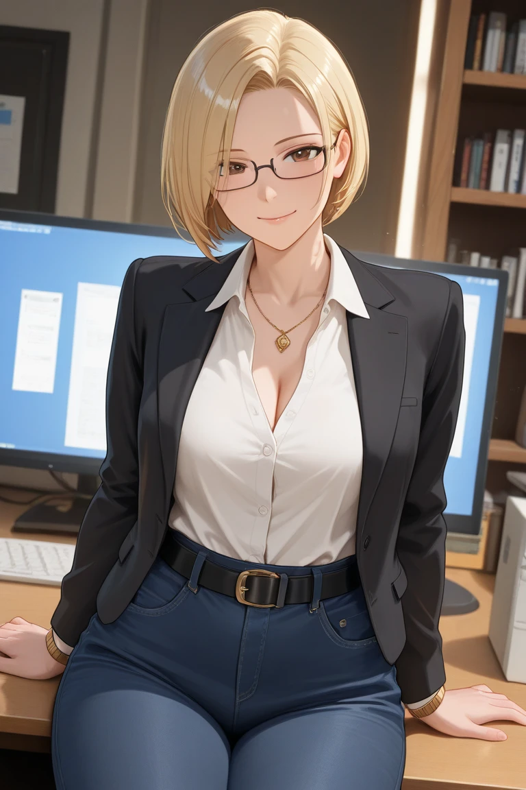 High resolution, 2D anime style,blue eyes beautiful eyes,high and beautiful nose,Skinny face,boyish blonde short hair,Short up-hair,cool woman,beautiful clock,Chest is slightly larger,she looks very serious,biting one's lips, she was very angry, she narrows her eyes,she wears glasses,Fashion that shows cleavage, Wearing an unbuttoned white shirt,leather red pants,Wearing a long black coat, Formal fashion,wear a coat,Sitting in an office chair,company office