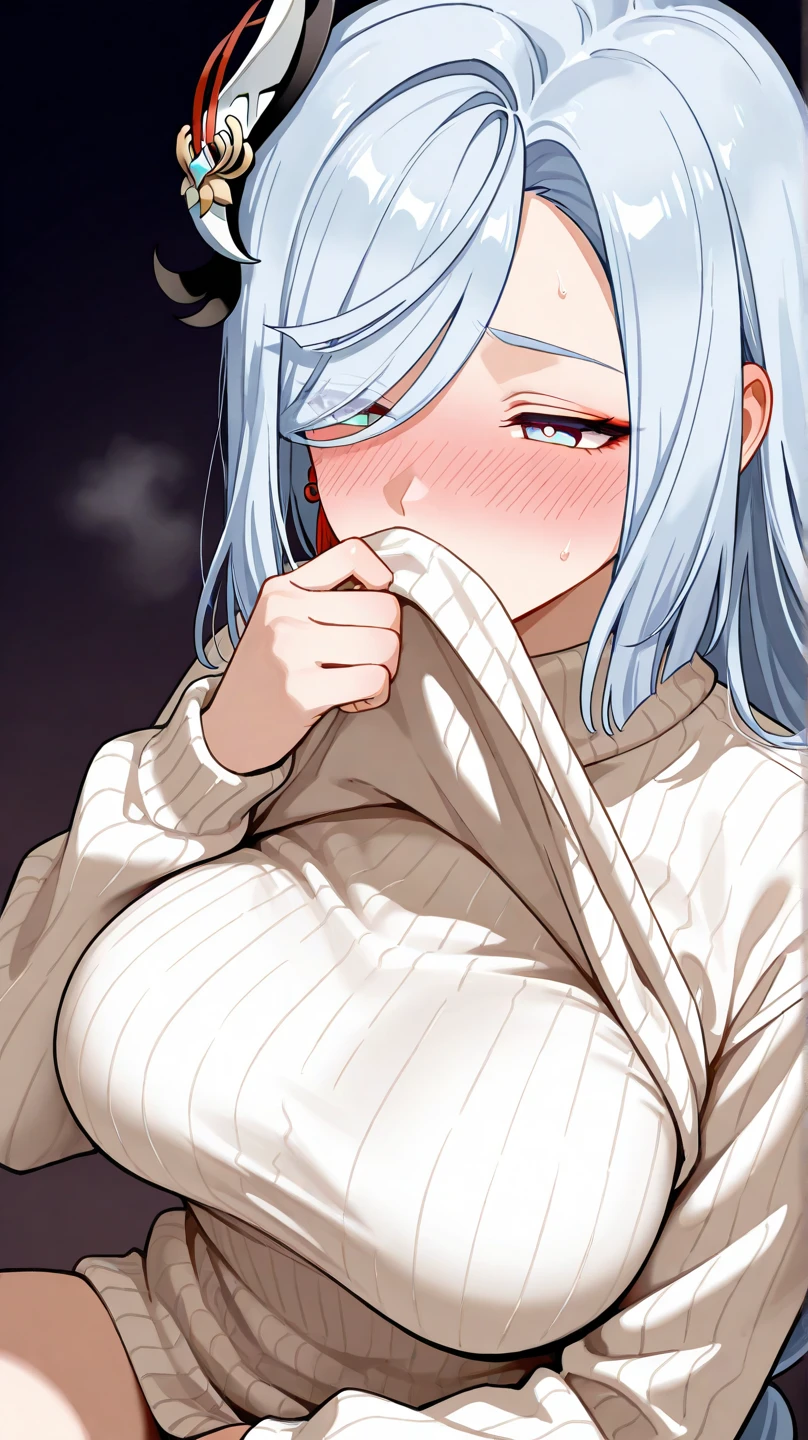 /(Modern home interior/), Only one female, Mature Woman, /(blue ribbed Sweater/), bangs, A gentle blushing smile, (Masterpiece Top quality:1.2) Delicate illustrations, super detailed, Large Breasts、((Sweat,vapor,Vulgarity))、Tight sweater