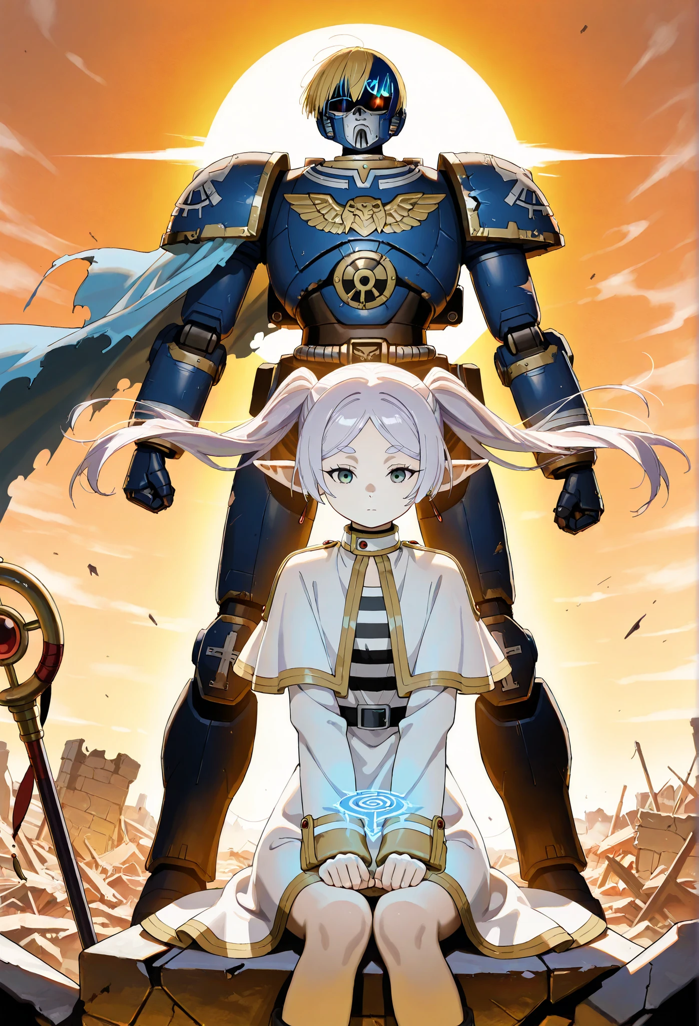(masterpiece, best quality, ultra-detailed, 8k, cinematic lighting, three-quarter view, dynamic composition),
((character 1: Frieren)): Frieren from Frieren: Beyond Journey’s End, small elven mage girl with long pale lavender hair and green eyes,
wearing a light blue cloak and white robes, sitting gently on the shoulder of a tall armored warrior, hands folded, expression calm and nostalgic,
subtle glowing magic runes floating near her fingertips,
((character 2: Himmel in power armor)): Himmel from Frieren, reimagined wearing Warhammer 40k-style blue power armor,
matte ceramite plating with golden trim and eagle insignia, noble posture, tall and broad-shouldered,
either helmeted or with short blond hair visible, heroic expression if unhelmeted,
purity seals and battle scarring on the armor, arms relaxed, standing in a protective stance beneath Frieren,
background: desolate alien battlefield, broken ruins, ash and wind blowing, sun setting through red-orange haze,
emotional contrast in size and mood between the two characters, anime-meets-grimdark, no UI