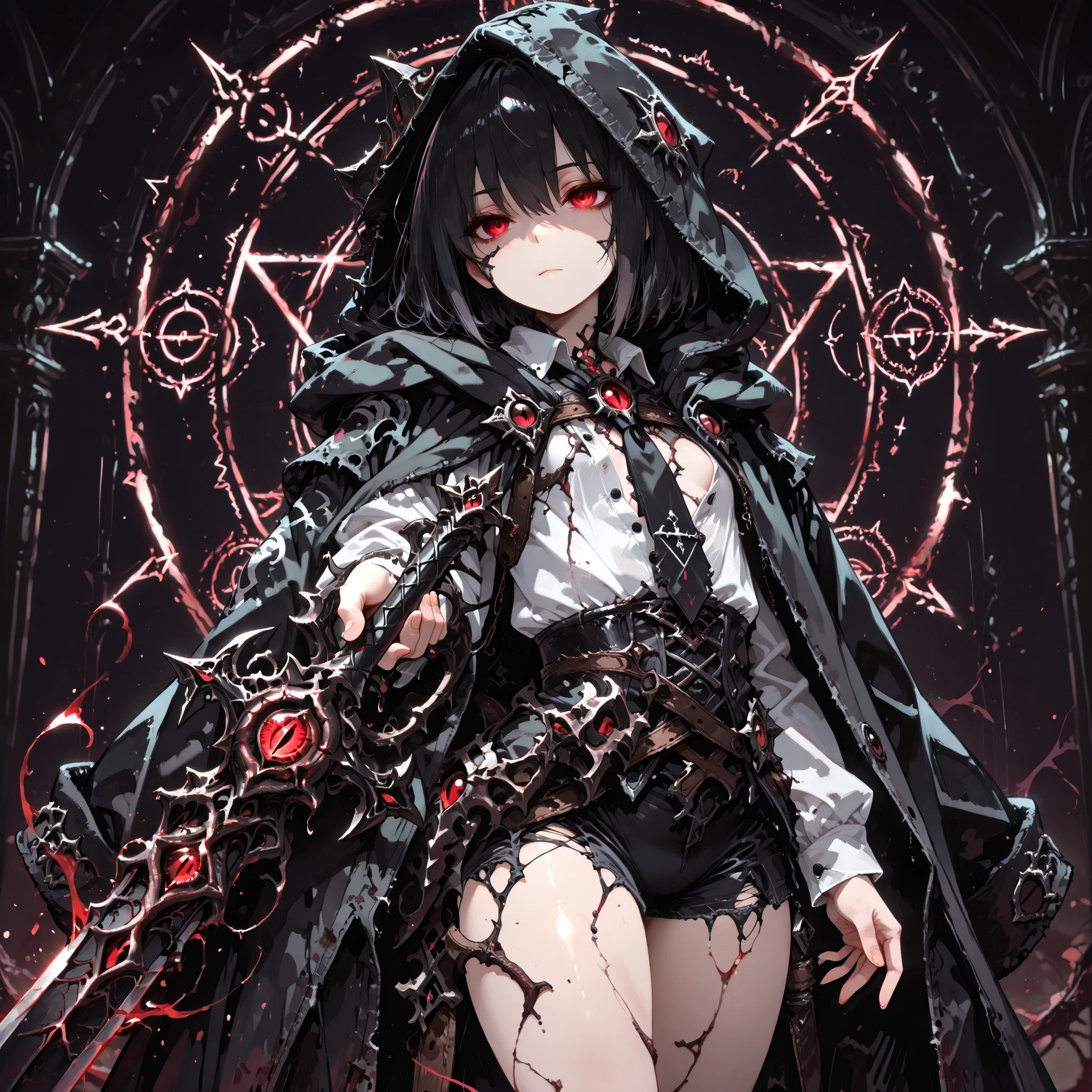 ((best quality)), ((masterpieces)), (detailed), perfect face, SOLO, ((((femboy)))), tomgirl, ANIME, beautiful detailed eyes, BOB hair, BOBed hair, BLACK hair, RED EYES, expressionless, hooded, Magical Eyes, dark background, ((BLACK HOODED coat draped over shoulders)), ((flat chest)), magic circle, ((HOODED coat )), ((hooded head)), dress shirt, short black shorts, bare thighs, ((Flat chest)), bailing_magic_circle, black tie, Cursed Sword from Encyclopedia, holding sword, Sword Stances