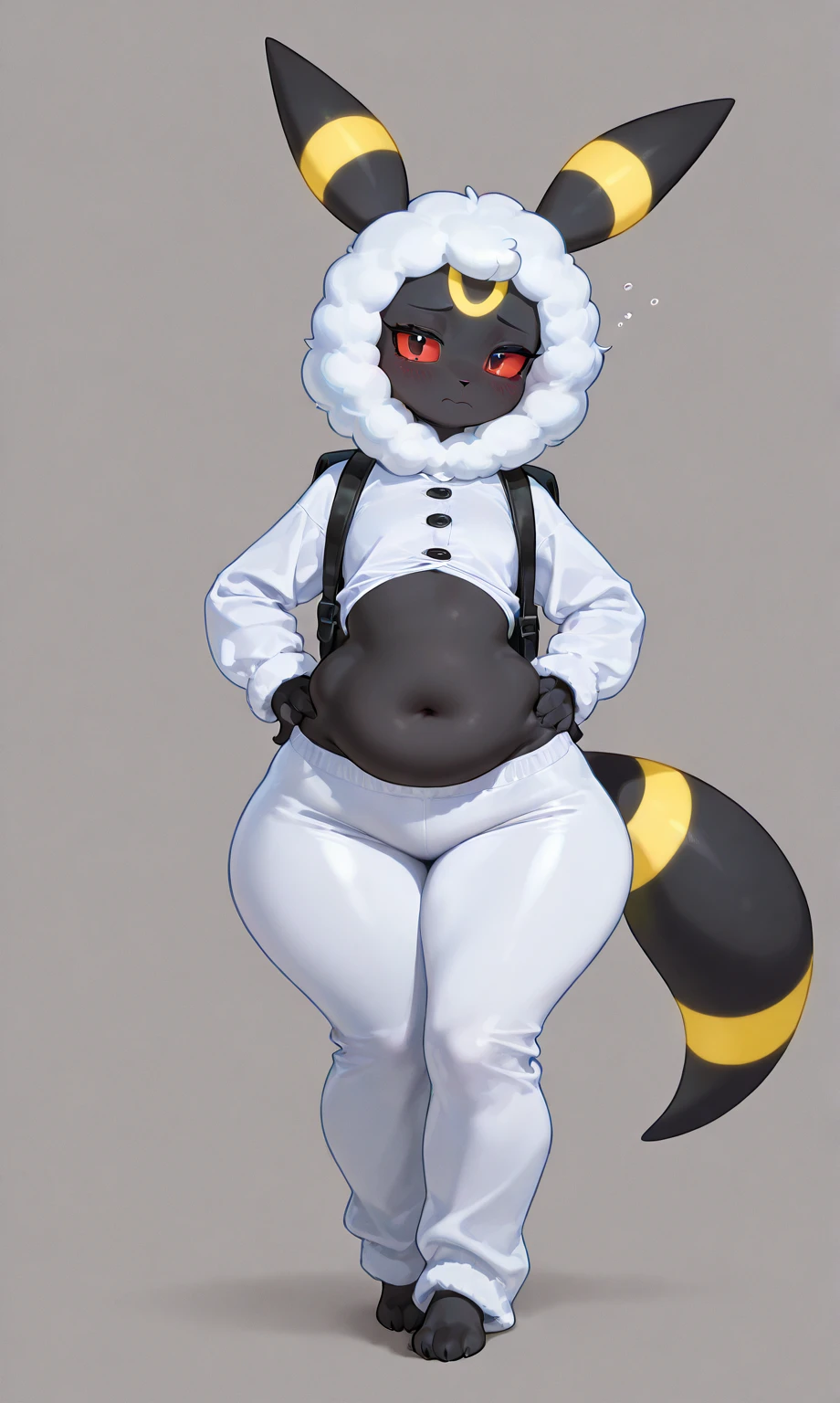 score_9, score_8_up, score_7_up, score_6_up, score_5_up, score_4_up, source_furry, taokaka, animal humanoid, cat humanoid, felid, felid humanoid, feline, feline humanoid, humanoid, kaka \(blazblue\), mammal, mammal humanoid, accessory, big breasts, black body, black fur, black skin, blonde hair, bow \(feature\), bow accessory, bow ribbon, braided hair, breasts, clothed, clothing, empty eyes, fangs, female, fur, furgonomics, hair, hair accessory, hair bow, hair ribbon, heart symbol, hood, hoodie, leaf, long hair, looking at viewer, nipple analogue, one eye closed, plant, red eyes, ribbons, shadow face, sharp teeth, smile, solo, standing, teeth, topwear, tree, white body, white fur, pregnant, zipper, (simple face:1.2), 
