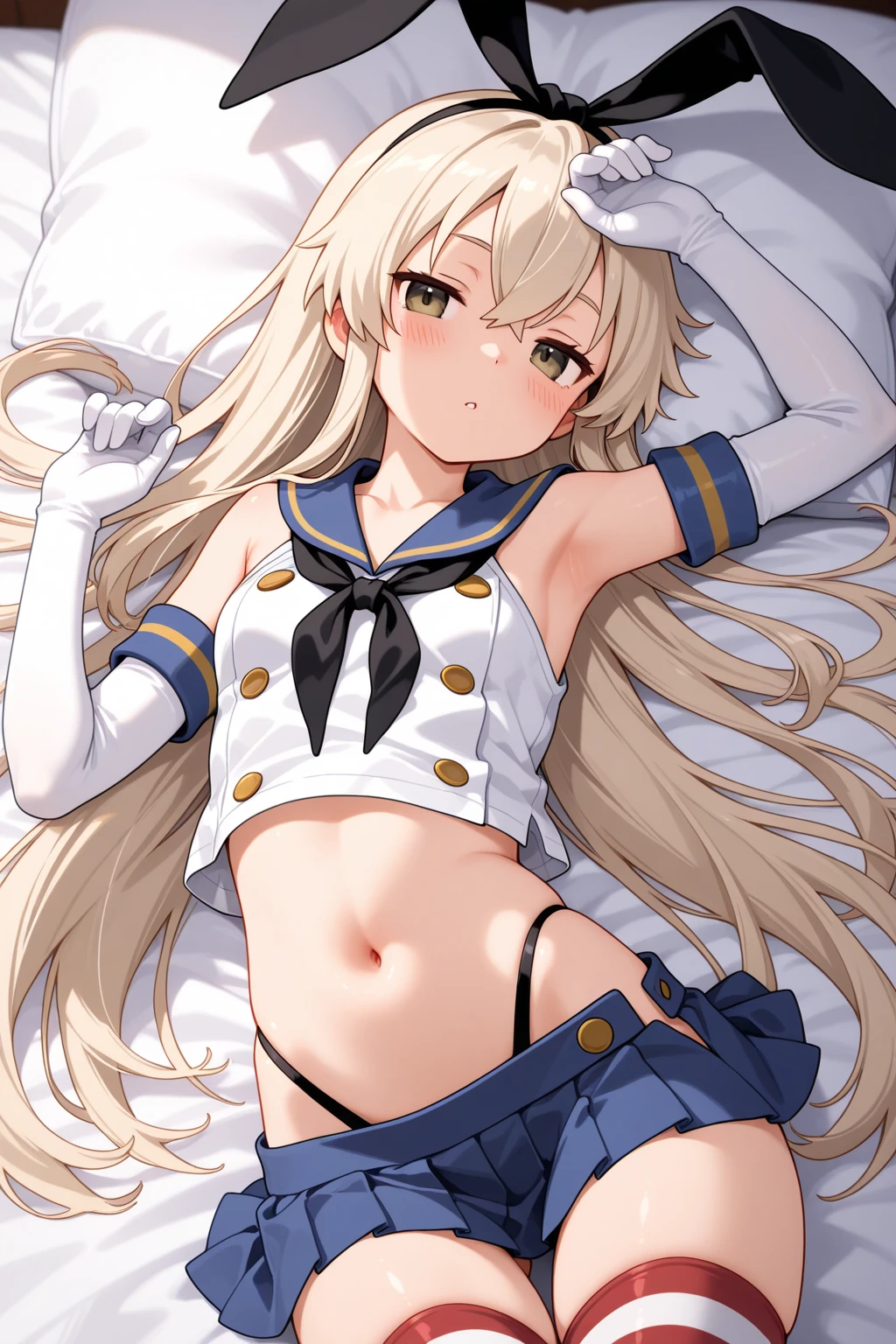 {Safety:1.10}, highest quality, masterpiece, High resolution, alone, {shimakaze_Fleet Collection:0.90}, ((whole body、Sexy pose、On the bed、Spread your legs))