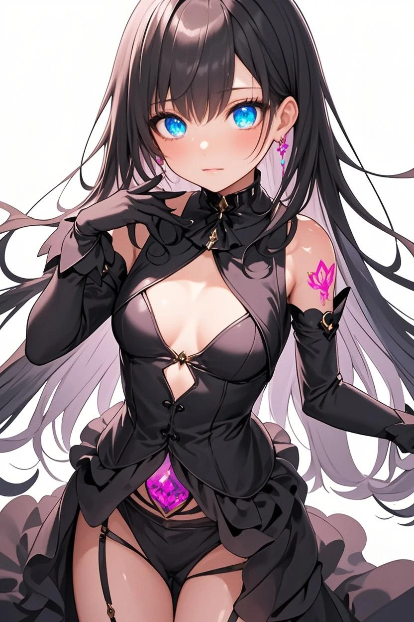 1girl, anime, cute girl, blank background, white background, fantasy, detailed fantasy dress with highlights, beautiful face, beautiful eyes, dark colors, black hair with multicolor streaks, red eye with different color pupil in eye, multicolor eye, medium small breasts (slightly big), slight cleavage, beautiful skin, cute, breast curtains, extremely delicate and beautiful, (beautiful detailed face:1.0), (detailed deep eyes), symmetrical breasts, deep eyes, shiny skin, portrait, slender waist, hips wider than shoulders, thighs, expressionless, young girl, luminous eyes, adorable，（Kpop idol）,（aegyo sal：1），（Platinum blonde hair：1），（（puffy eye）），Black panty，sexy posture，Superskirt, ultra high resolution，Black collar，slim figure, Abdominal y tattoo, womb tattoo，Tight-fitting leg ring，y tattoo on half-body，Bare skin, Armored hand，Hidden fingertips，Hand covered，Arm covered，Fist covered,{{beautiful detailed fingers}}, tufts of hair, moderate beautiful breast:1.0,(masterpiece:1.2), best quality, high-res, HDR, perfect face, intricate armor, delicate blue filigree, intricate filigree, red metalic parts, detailed part, dynamic pose, dynamic lights,
