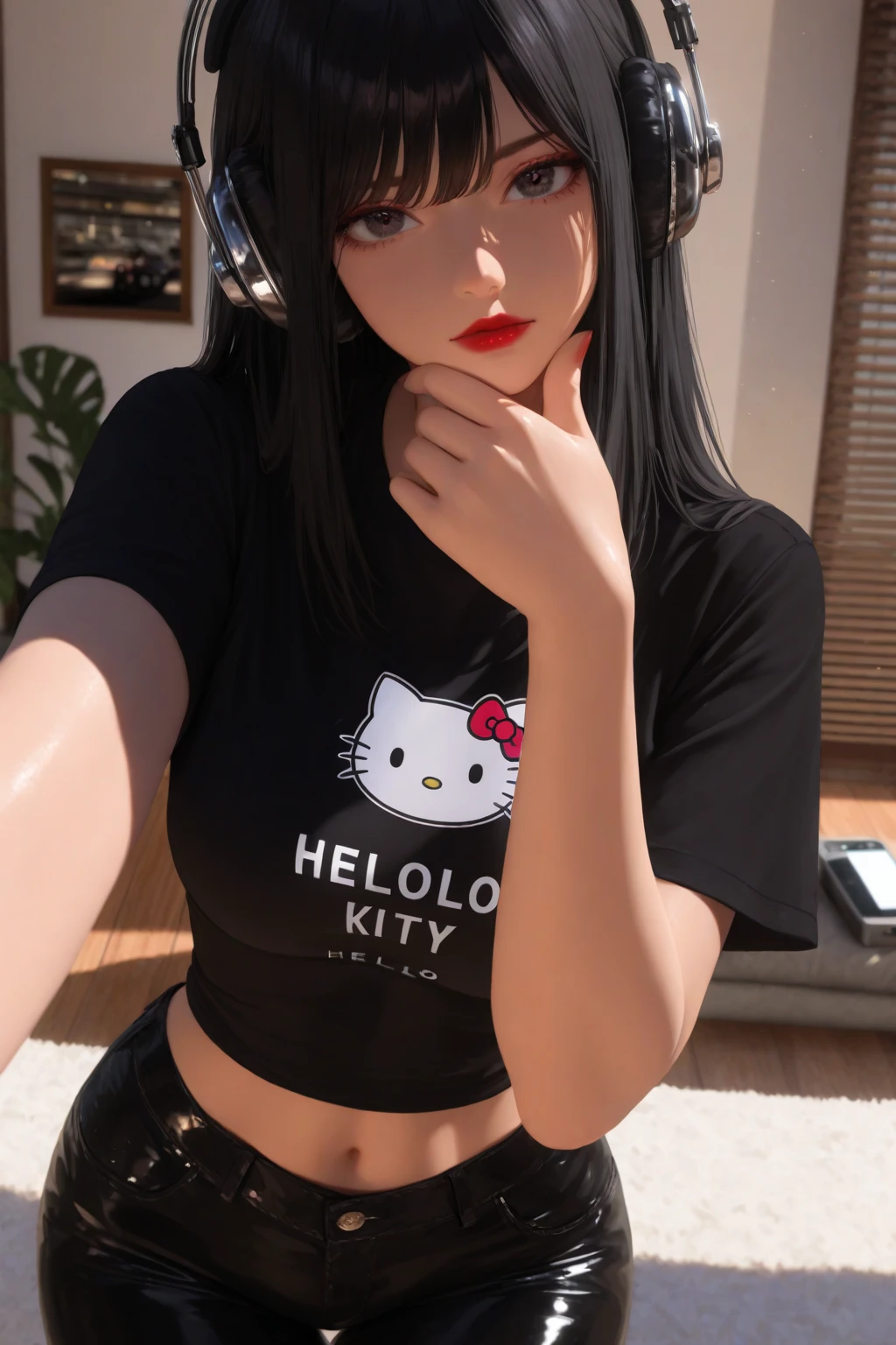 there is a woman taking a selfie in a black and white suit, mirada sexy, ella lleva una camiseta sin mangas negra, Ayahuasca, 2 4 year old female model, 21 years, sexy :8, 18 years, 22 years, 23 years, grueso, casual, 19 year old girl