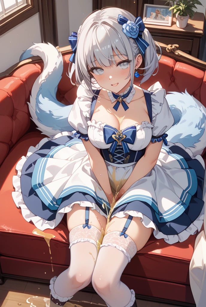 ((masterpiece)),(((best quality))), 1woman, female, fantasy magical outfit, Scandinavian, cute bob-cut hair, white hair, blue eyes, short skimpy clothes, white and blue sleeveless top, keyhole in top exposing breasts, exposed bare stomach, white and blue iridescent skirt with blue bow, brown winter boots topped with white fur, loose sleeves with golden cuff, blue night sky cape topped with white fur, blue gems, happy, woman is holding two plush toys, a plush crocodile, a plush white wolf, lounging, cuddling the plush, very happy