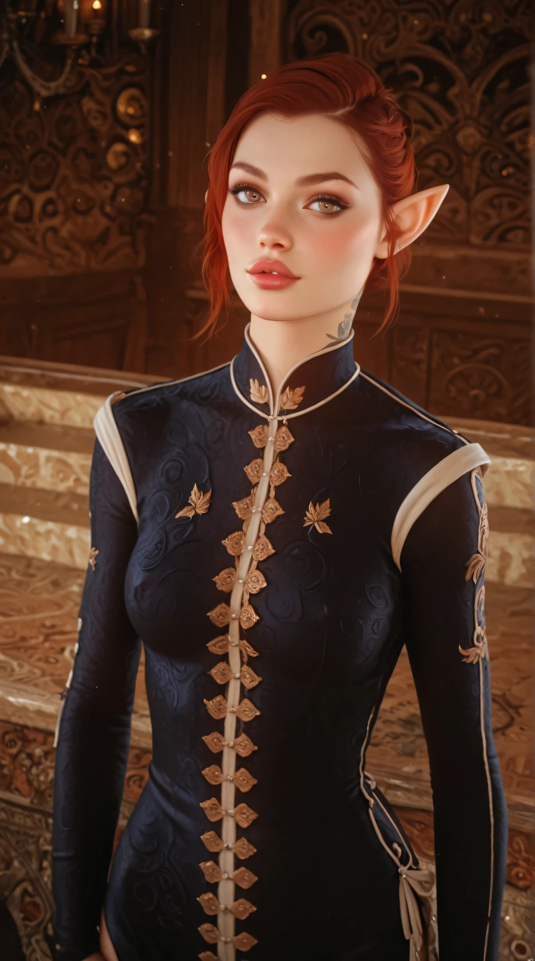 dragon age inquisition, elven character, elf woman, she has elf ears, female character, Perfect round medium breasts, short red lesbian hair, juicy lips, sexy body, slim waist, thin, skinny, silk, ornate embroidery, tattoo over left eye only.