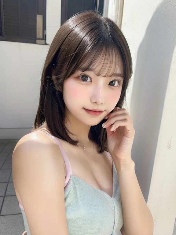 Tabletop, highest quality, figure, Very detailed, In detail, High resolution, 8k wallpaper, Perfect dynamic composition, Beautiful fine details, White tank top,Medium Hair, Center of chest, Natural color lip, Random sexy poses,smile,Aoyama Street Walk、20-year-old girl