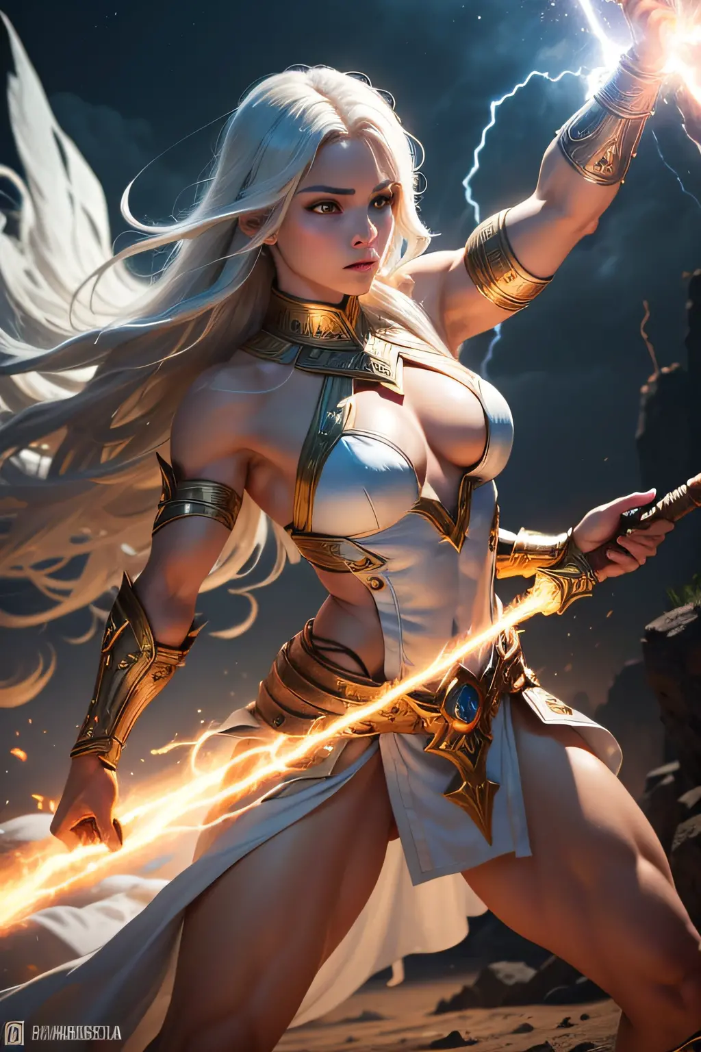 I want you to make a slender white woman, with white hair, with white and gold clothes,greeneyes, holding a sword with lightning around it 
