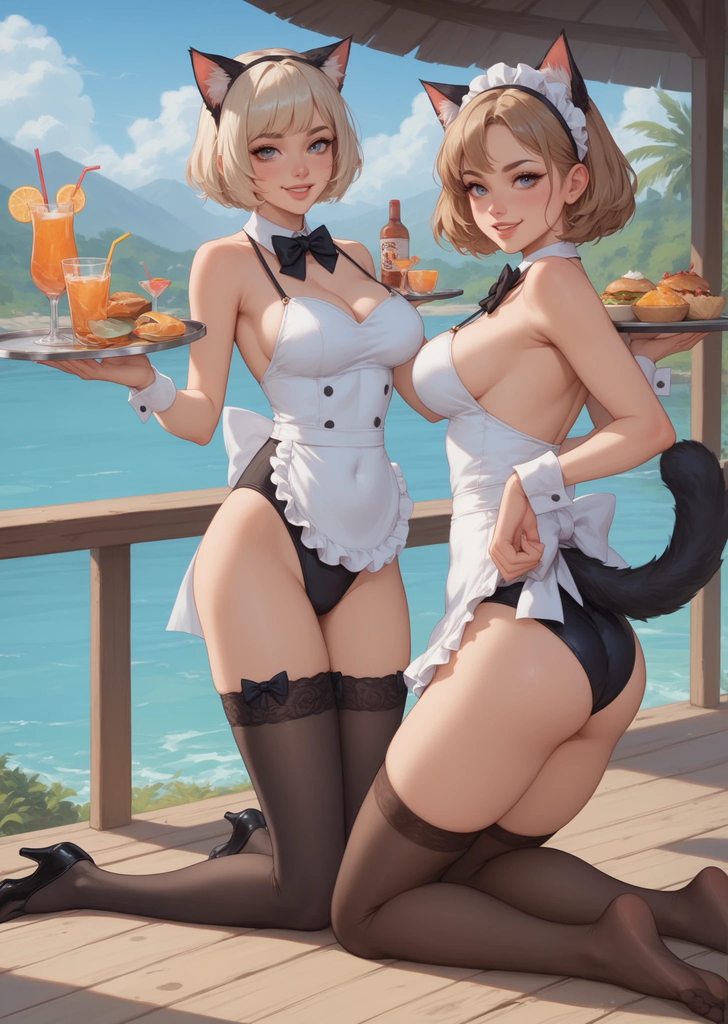 photo of woman, short hair, blue eyes with large breasts and a huge ass on a beach with sunny weather, choker, (light skin), (sweating) ,(beautiful scenery),(perfect face), masterpiece, blush, 1girl, solo, smooth anime cg art, (cow-patterned microbikini and stockings:1.4), (mug in hand:1.3), garter straps