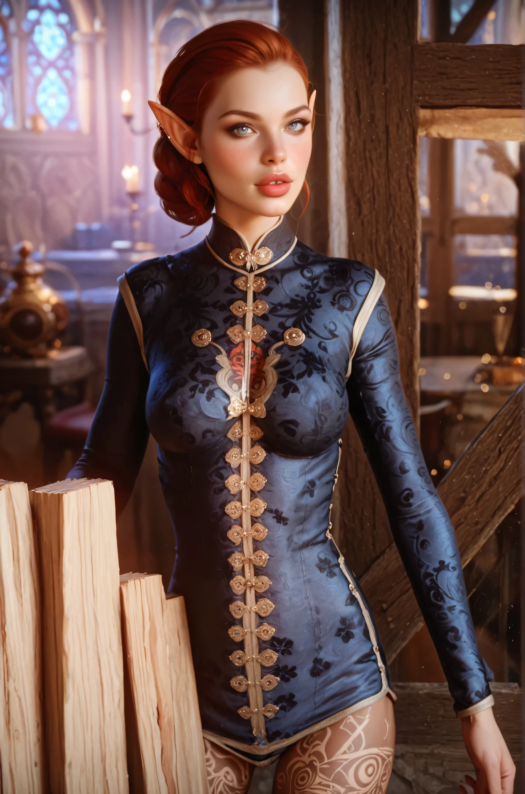 dragon age inquisition, elven character, elf woman, she has elf ears, female character, Perfect round medium breasts, short red lesbian hair, juicy lips, sexy body, slim waist, thin, skinny, silk, ornate embroidery, tattoo covering left eye only.