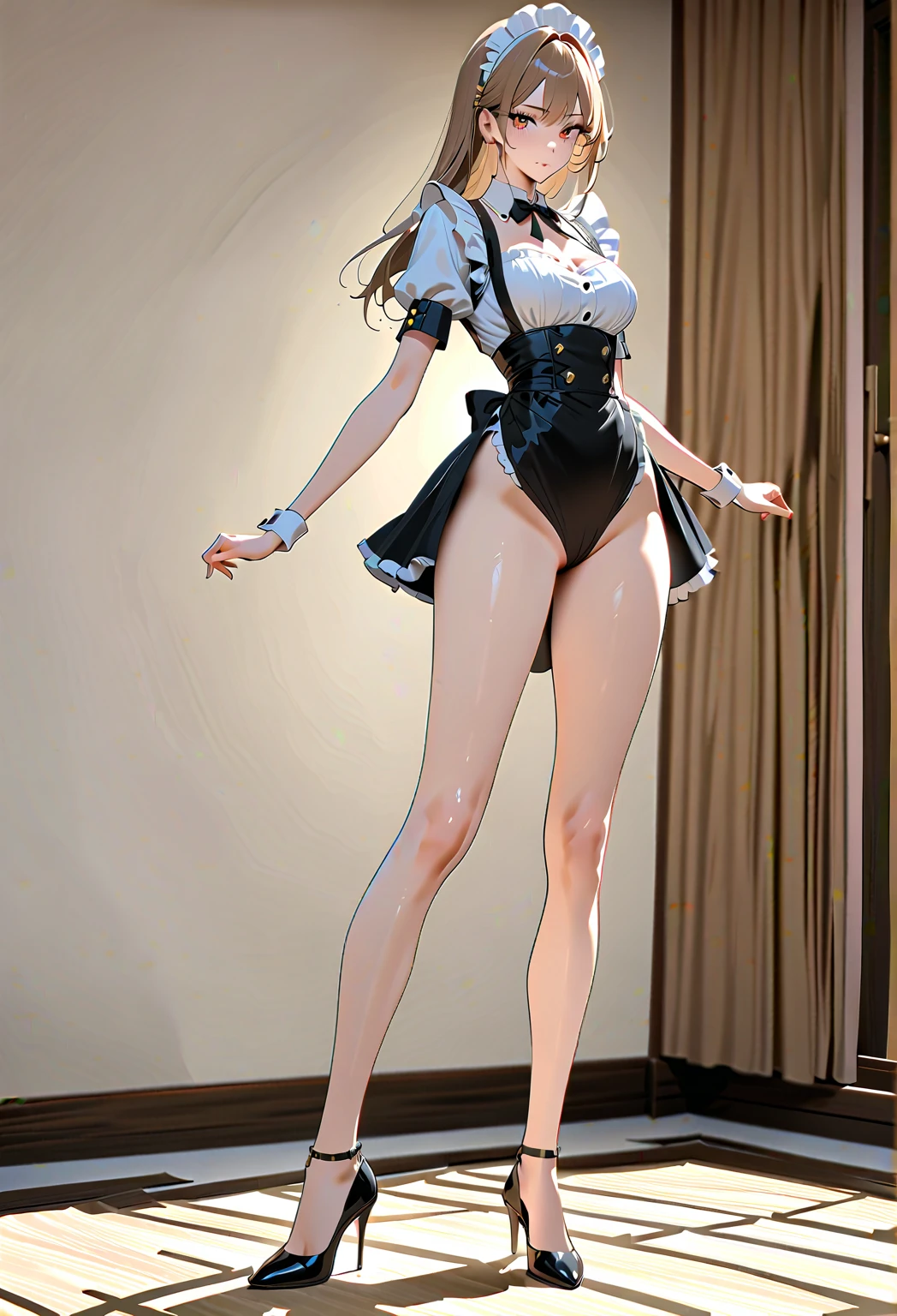 Masterpiece, best quality, super detailed, ncjstyle, ncjzzz, 1girl, long hair, dark eyes, body, looking at the audience, torn school uniform, big breasts, small bra, tie, short sleeves, small mouth, show cute, bunny girl, rabbit ears, barefoot, saliva, blush, bottomless, torn wet white transparent pantyhose, camel toes, hands behind back, cocked ass