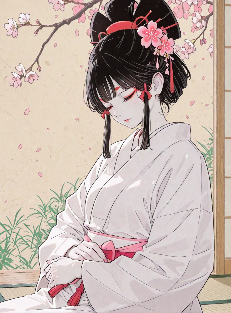 Chinese ink painting,ink and watercolor painting.A woman is standing in the room. There is a shadow of a tree on the wall. The woman has long black hair and is wearing a floral kimono. Next to her is a rose bush with pink flowers.Minimalist, black and white. Thick lines, deep lines.