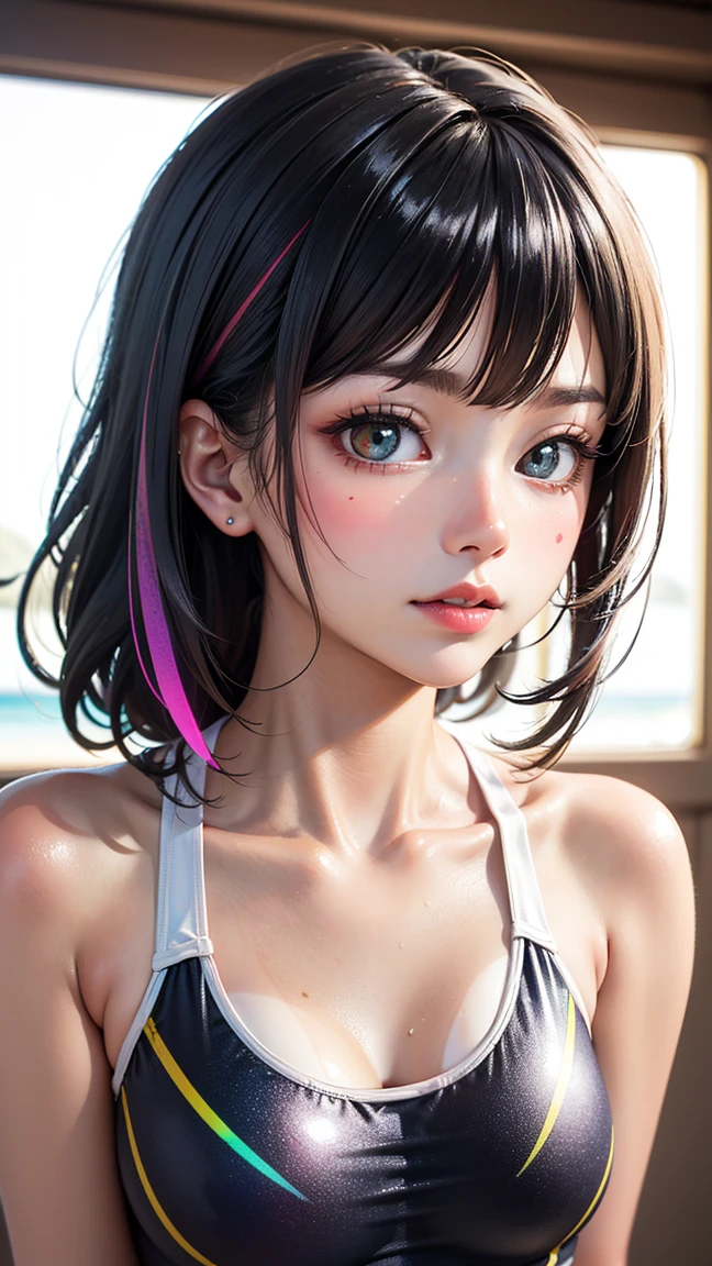 High resolution, Highest quality, super high quality, Ultra-detailed, Cinematic lighting、living room、Swimsuit、、Embarrassing、Sweaty、Sweat、Eyes from below、Girl seen from the floor、Low angle、 See through、