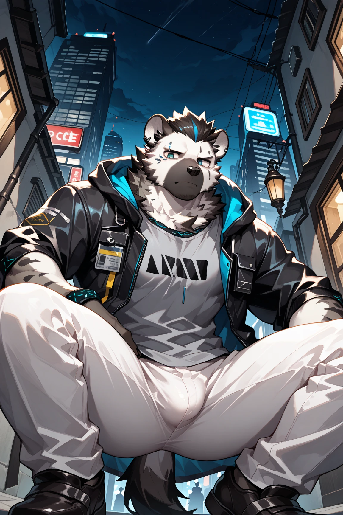axel cosmas, solo, looking at viewer, no shirt, 1boy, jacket, male focus, pants), plump, eyes closed, neon city background, plump body, nipples