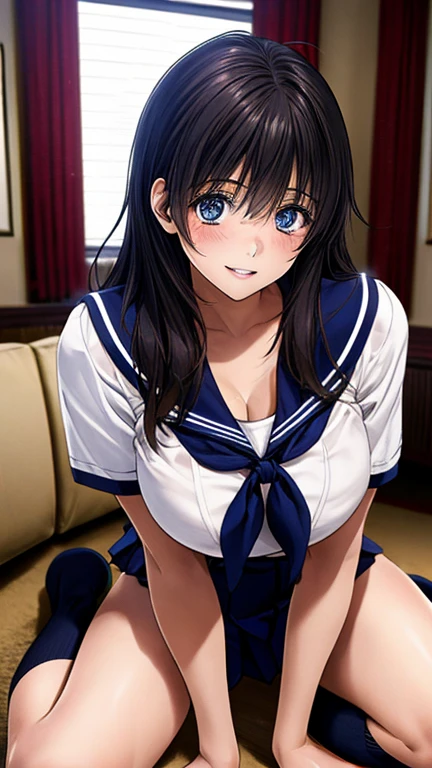 (masterpiece:1.2, top-quality), (realistic, photorealistic:1.4), beautiful illustration, (natural side lighting, movie lighting),
looking at viewer, from below, 1 girl, japanese, junior high school girl, 12 years old, perfect face, cute and symmetrical face, shiny skin,
(long hair, twintails, sideburns, orange brown hair), swept bangs, brown eyes, slant eyes, long eye lasher, (medium breasts:0.5),
beautiful hair, beautiful face, beautiful detailed eyes, beautiful clavicle, beautiful body, beautiful chests, beautiful thigh, beautiful legs, beautiful fingers,
((detailed cloth texture, navy sailor collar,, open crotch, navy pleated micro mini skirt with white line, white choker) white micro bikini),
(beautiful scenery), evening, (beach), ((standing on one leg)), (orgasm),