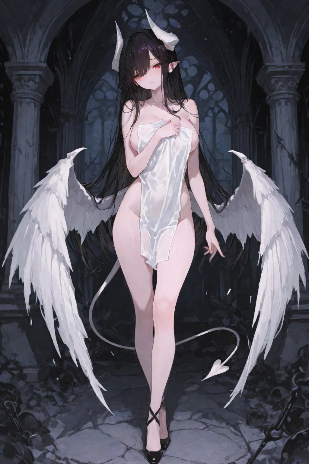 Twelve large wings, Twelve wings embrace, angel wings, (angel wings,devil wings), (Realistic picture, highest resolution, 16k), (A demon god with wide wings and enormous power on his shoulders.., Twelve wings on the shoulders.:1.4, Bat Wings:1.3 angel wings:1.5), (Beautiful girl with two meter long hair, shiny black hair, Smooth white skin, Lips are very red.), ((stand, toe)), (Huge breasts, big tits), (gigantic breast, small waist, hips raised, small thighs, Long legs), (dynamic poses), (Porn, no clothes, Look at that pussy.., see nipples, naked, undressed, nakedโดยสิ้นเชิง, Can see pussy, The chest is visible.), Separate theme, (angel wings,Demon Lord's Wings), Huge breasts from a distance, Big breasts can be seen from a distance., floating in the air above the ground, background darkness,