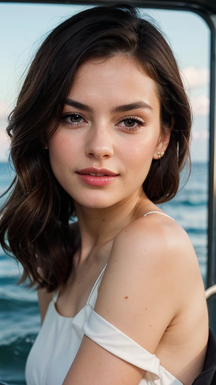 Quite a bit body, Realistic photograph of A gorgeous young asian girl in a soaked transparent camisole outfit, delicate facial features, porcelain-skinned, ponytail, a fusion of young Marion Cotillard's striking eyes and young Anne Hathaway's introspective gaze, long and slender cute face, Asian winged eyes, wavy nose, full wide lips, windy tousled very long straight black hair, burgundy hair, garnet eyes, (medium breasts), (petite body), straight hair, very very long hair, looking at viewer, strapless, bare shoulders, opened breasts, cleavage, outdoors, sea connected swimming pool, vibrant sunshine, low-angle view, view from behind, satin skirt, cowboy shot, (masterpiece, best quality, very aesthetic, ultra detailed), intricate details, beautiful face, detailed eyes, detailed background, light from above, shiny skin, oiled skin, hands up, showing off armpits, (Leica SL3, Summicron-SL 75 f/8 ASPH, kodak gold 400 film),