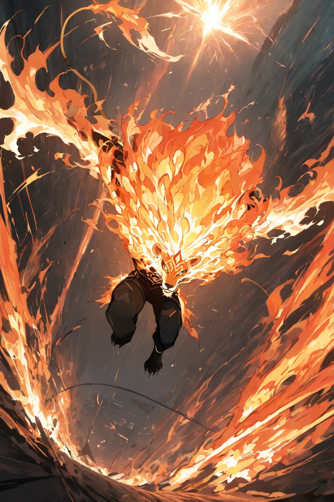 masterpiece, best quality,1 fire lion,best quality,heroic pose,dynamic angle,dynamic background,with epic light effect, high angle shot,like CCTV footage,fire burst of effects radiating from the center, outward flow of magic or particles, dynamic spread from core, fire visual explosion of fire, fire waves expanding from a central point, face clearly visible, character illuminated from within,