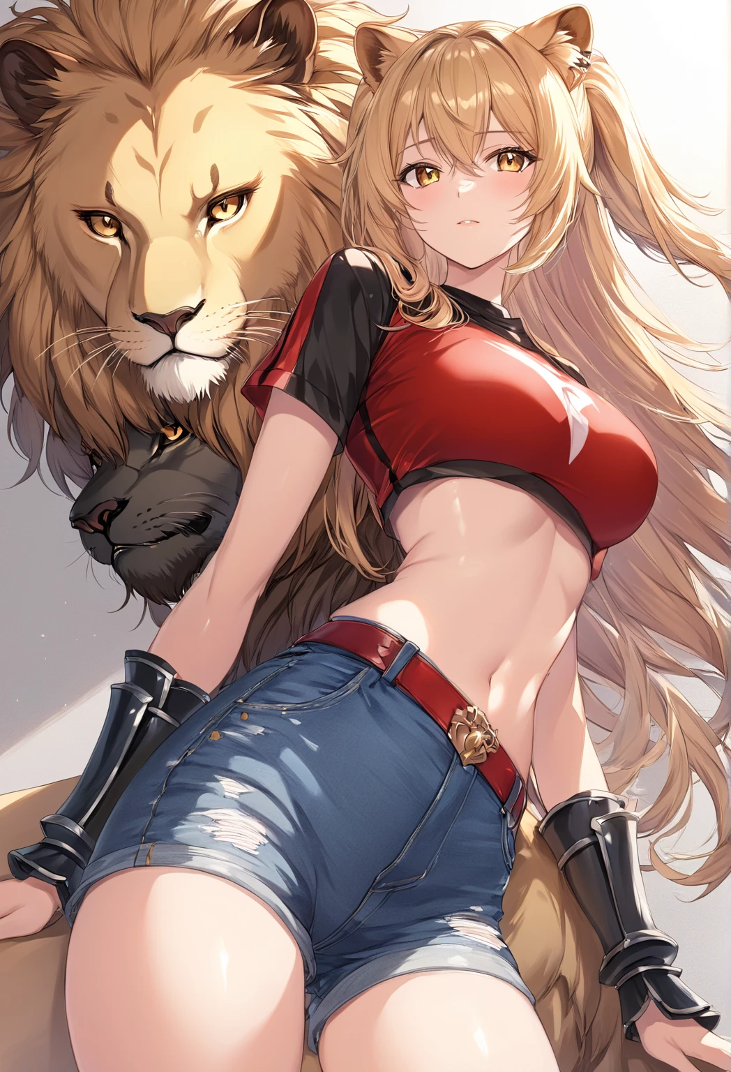 masterpiece, best quality, highres, 1girl, open jacket midriff black bikini pleated skirt belt, black headwear, thigh boots <lora:bishamonten:1> looking at viewer, lion