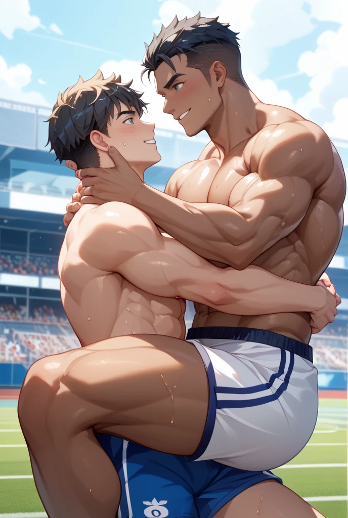 Ash Ketchum and from Pokémon and his long-lost twin brother flexing their biceps under hypnosis with glowing red eyes as they grow into big dumb sweaty hairy muscular football jock bros in a locker room. Hyper muscles. Massive muscles. Big biceps. Big triceps. Big traps. Broad shoulders. Big pecs. Bulging crotch. Hyper crotch bulge. Dumber and dumber. Blank stare with open mouth while saying, "I am a dumb jock.... I obey.... Dumber and dumber.... Hairier and hairier.... Yes, Coach.... Huhuhuhuh...." Slumped shoulders. Hypnosis. Brainwashing. Bigger and dumber jock bros. Assimilation. Transformation into big dumb muscular jock bros. Slumped shoulders. Massive crotch bulge. Bulging glutes. Thick stubble. Hairy armpits. Repeating triggers to be dumber and dumber each time they say them to think and focus only on growing muscle and being the perfect football jocks. Hairy brutes. Crass.