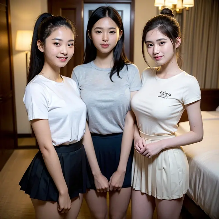 extremely detailed 3 cute girls, 25years old, best quality, ultra-detailed, masterpiece, cinematic light, realistic, photo realistic, (skirt lift), ((skirt lift by myself)), nude. pussy. blush, looking at viewer , half body shot , wearing off-shoulder oversized XXXXL shirt , bra, (crowd), (office meeting room) , short hair. bokeh background